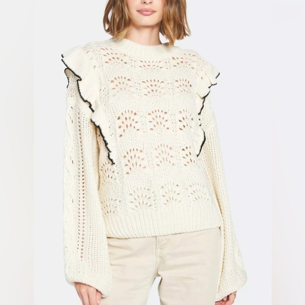 NEW Marc New York by Andrew Marc Ruffles Knit Sweater in Cream & Black Sz M